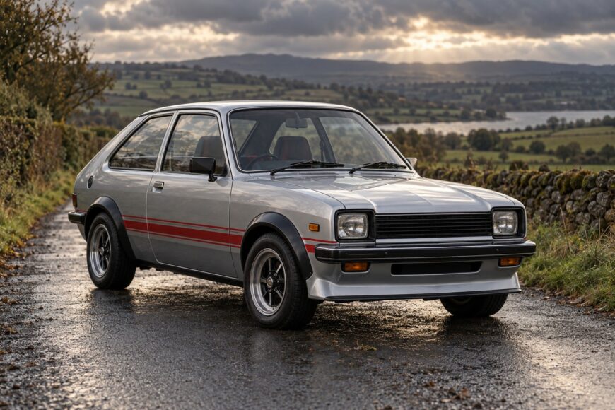 Silver Vauxhall Chevette HS rally hatchback parked on a wet countryside road under a dramatic cloudy sky