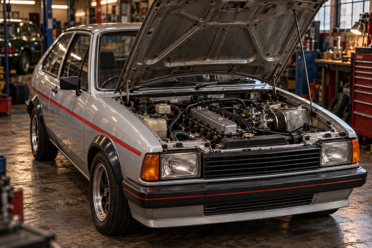 Silver Vauxhall Chevette HS rally hatchback with open hood parked inside a mechanic workshop