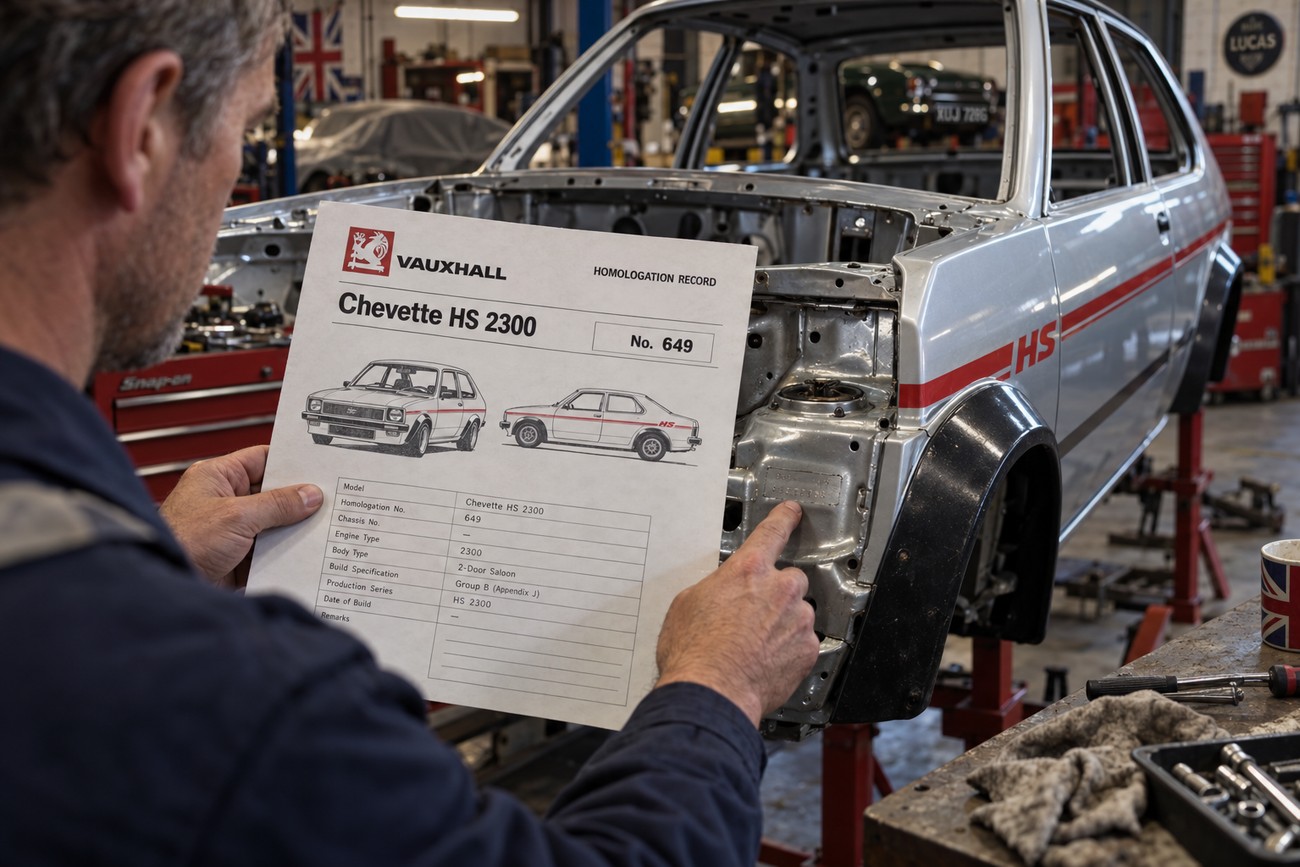 Mechanic holding a Vauxhall Chevette HS homologation record sheet pointing at the chassis number in a restoration workshop