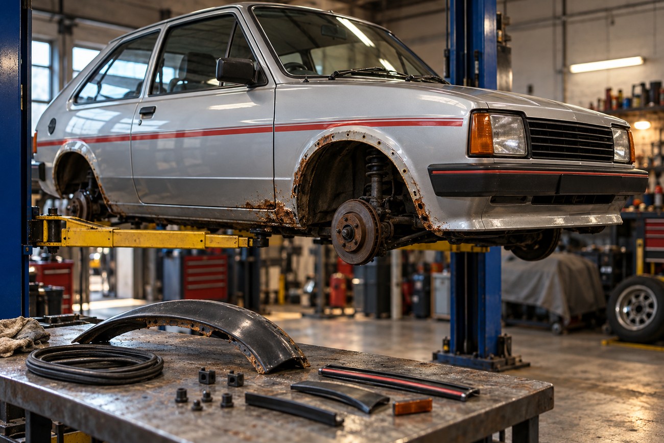 A silver Vauxhall Chevette HS raised on a hydraulic lift in a garage with disassembled trim pieces on the workbench in the foreground