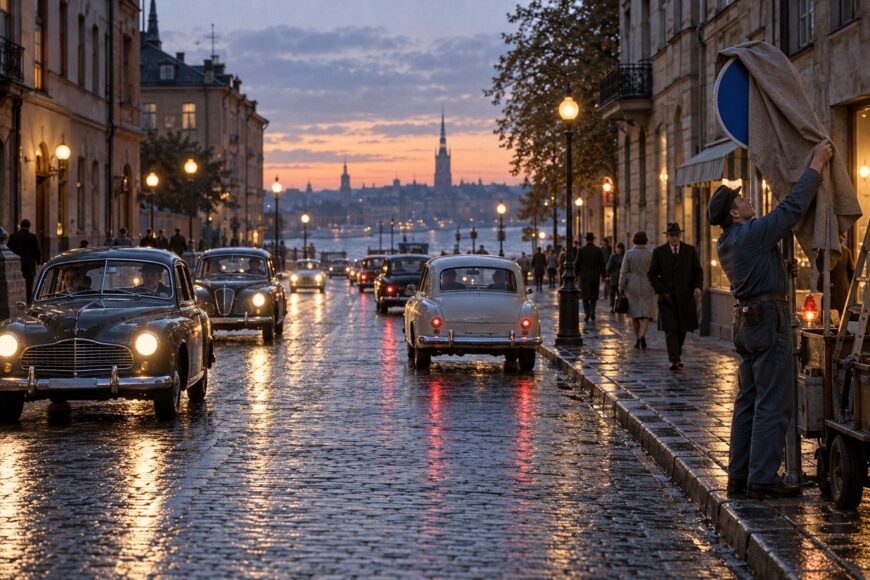 A worker uncovering a street sign on a cobblestone pavement while vintage cars drive along a wet city street at dusk