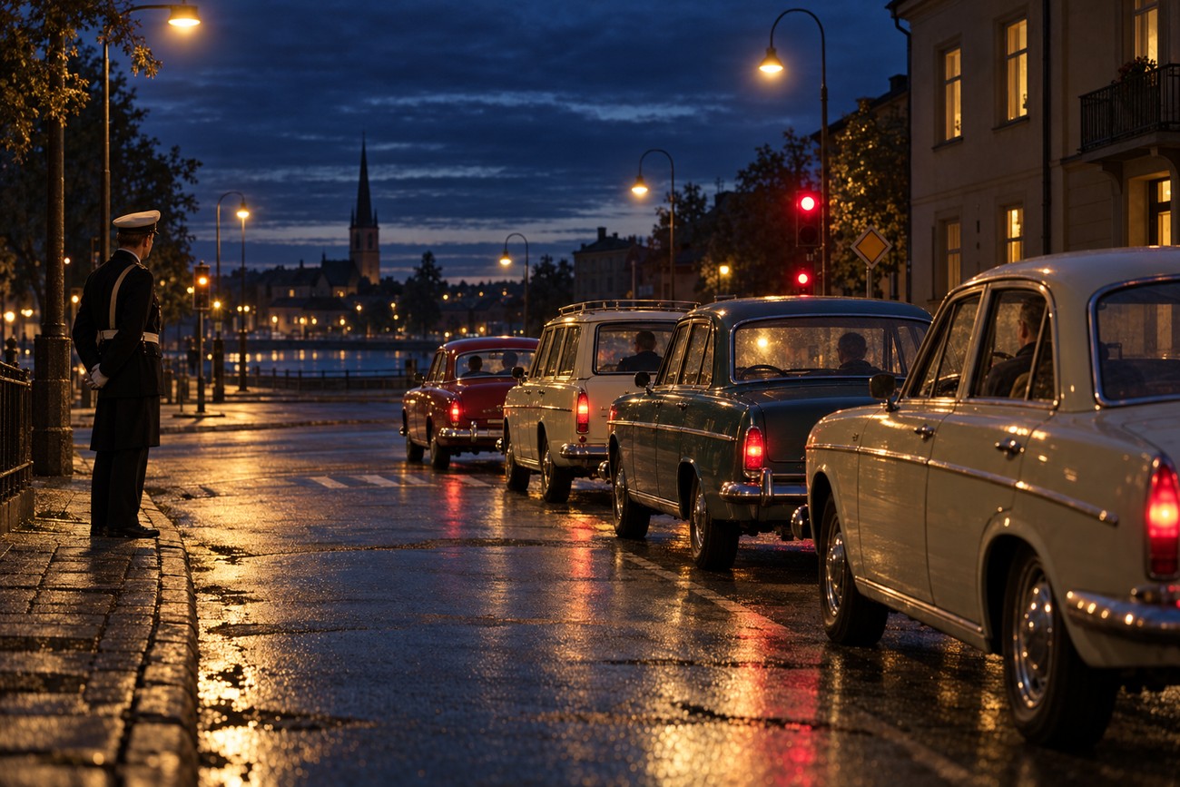 A police officer in uniform standing on a wet cobblestone sidewalk while a line of vintage cars waits at a red traffic light on a European street at dawn