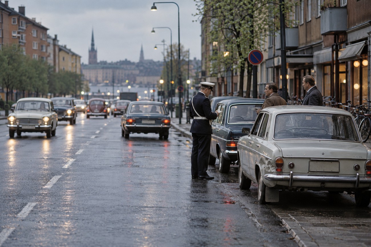 A police officer in uniform talking to men by parked vintage cars on a wet Stockholm street during Dagen H