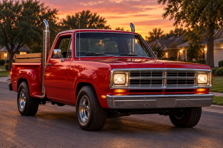Classic red 1978 Dodge Li'l Red Express truck parked on a suburban street at sunset