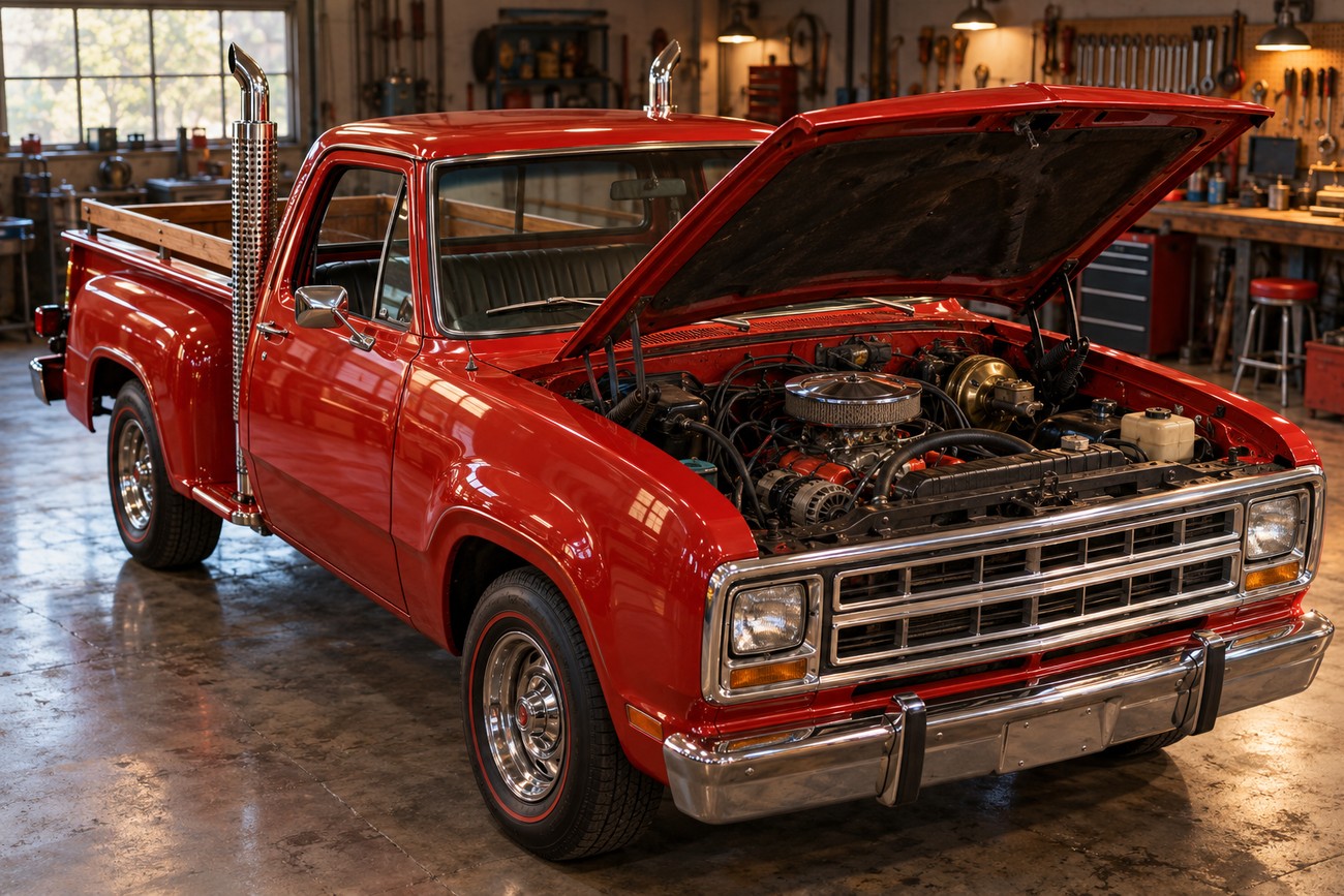 Classic red 1978 Dodge Li'l Red Express pickup truck with open hood parked in a vintage workshop
