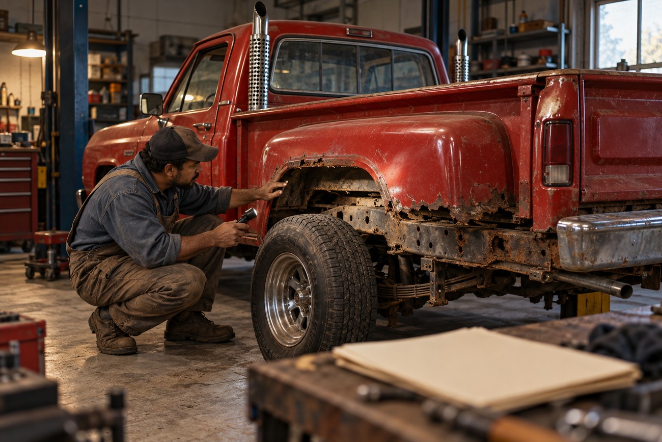 Mechanic crouching beside a vintage red Dodge Li'l Red Express truck to inspect rust damage with a flashlight in a garage