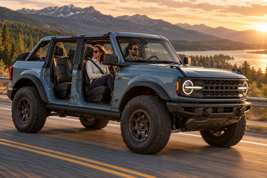 A smiling couple driving a light blue Ford Bronco with no doors along a scenic mountain highway at sunset