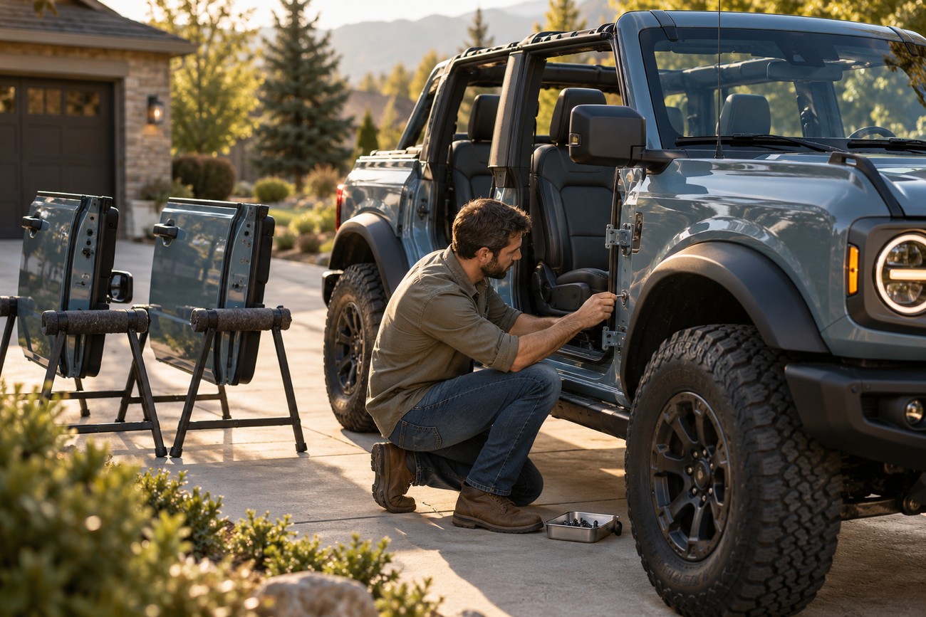 A man kneeling by a blue Ford Bronco in a driveway while removing its doors
