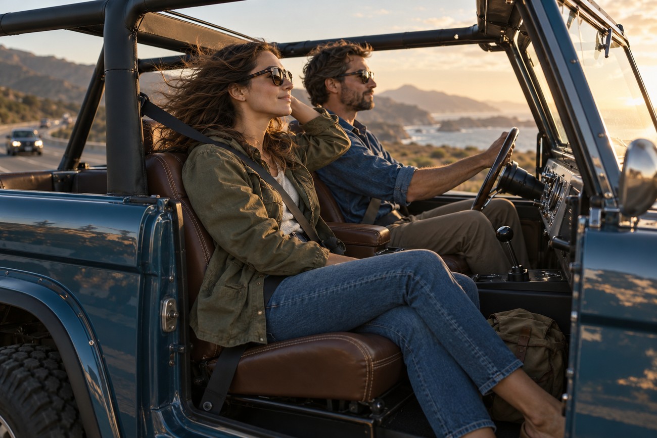 A smiling couple driving a doorless Ford Bronco along a scenic coastal highway during sunset