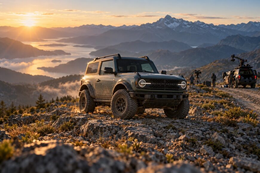 A Ford Bronco parked on a rocky mountain ridge at sunrise with a commercial film crew working nearby