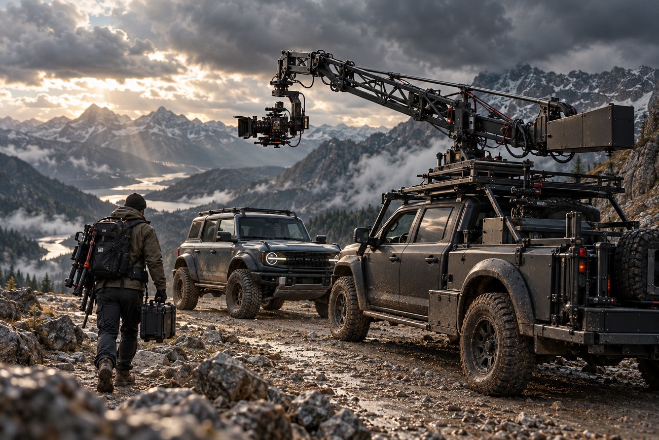 Crew member walking past a Ford Bronco and a camera crane truck on a rocky mountain peak during sunset