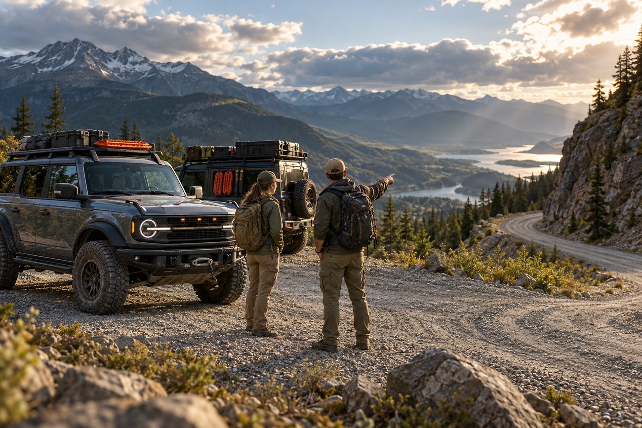Two people standing next to a Ford Bronco parked on a mountain overlook during a commercial production