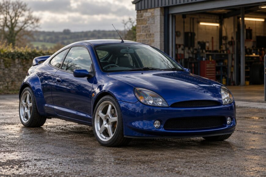 Front three-quarter view of a blue Ford Racing Puma parked outside a garage with alloy wheels