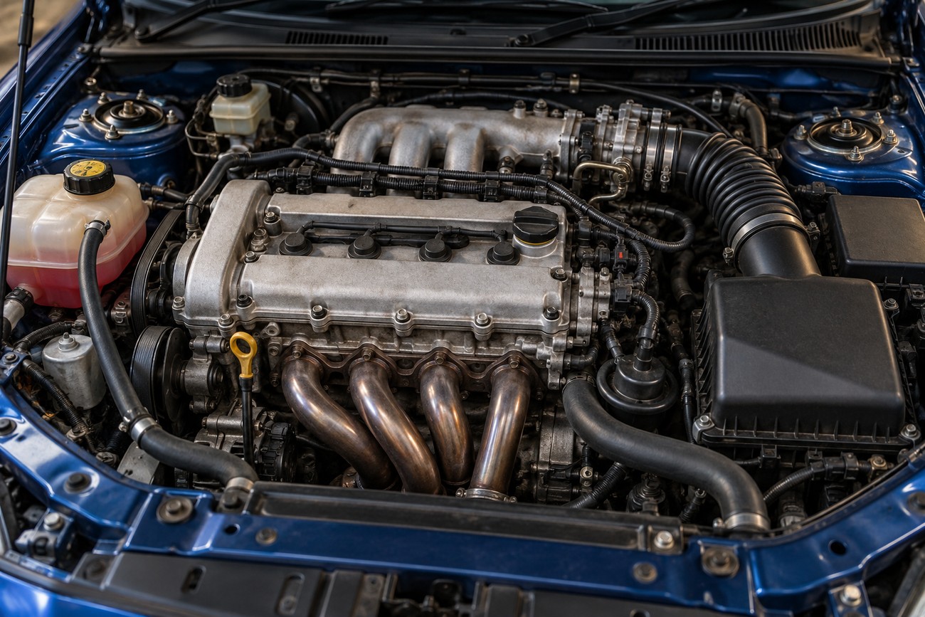 Under-the-hood view of the Ford Racing Puma engine bay highlighting the tuned motor and exhaust manifold