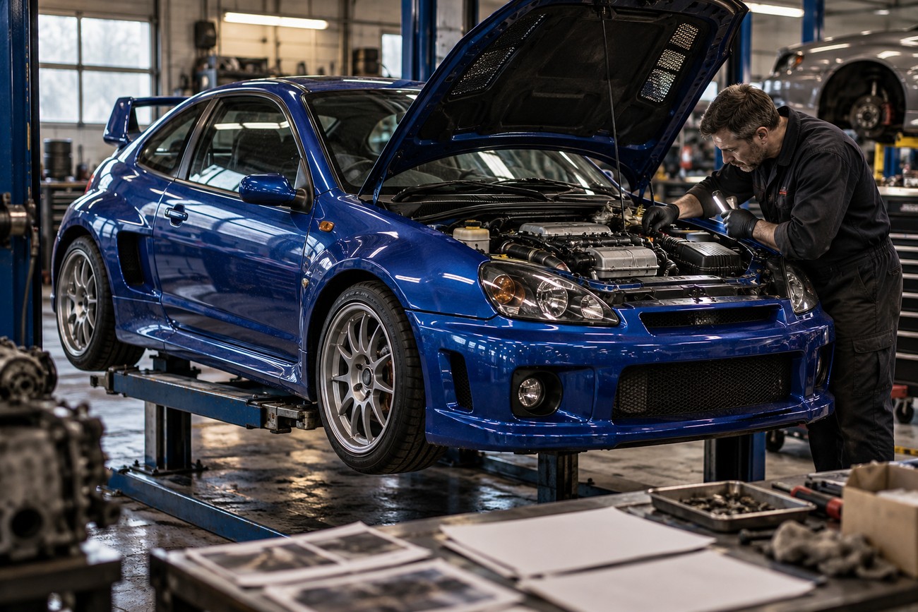 Mechanic inspecting the open engine bay of a blue Ford Racing Puma lifted on a hydraulic hoist inside a professional workshop
