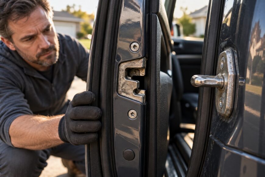 A man in work gloves inspecting the metal latch mechanism on an open car door