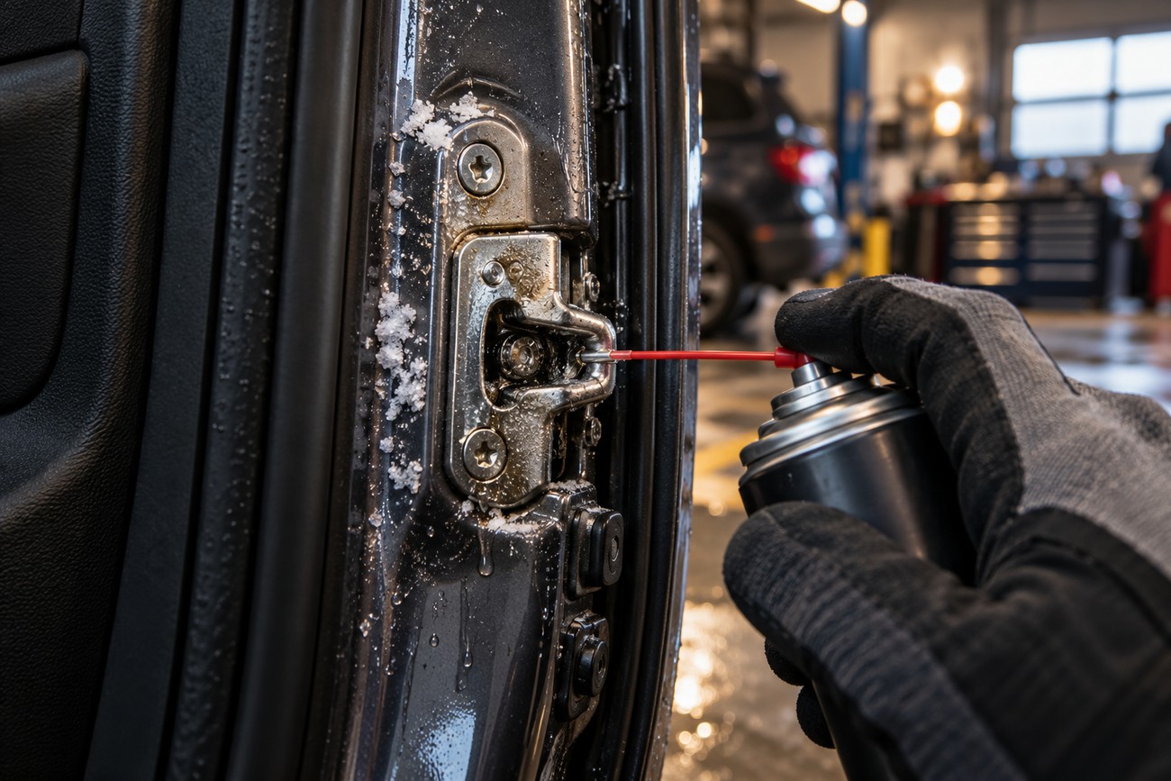 A gloved mechanic applying lubricant spray into a frozen car door latch mechanism in a garage