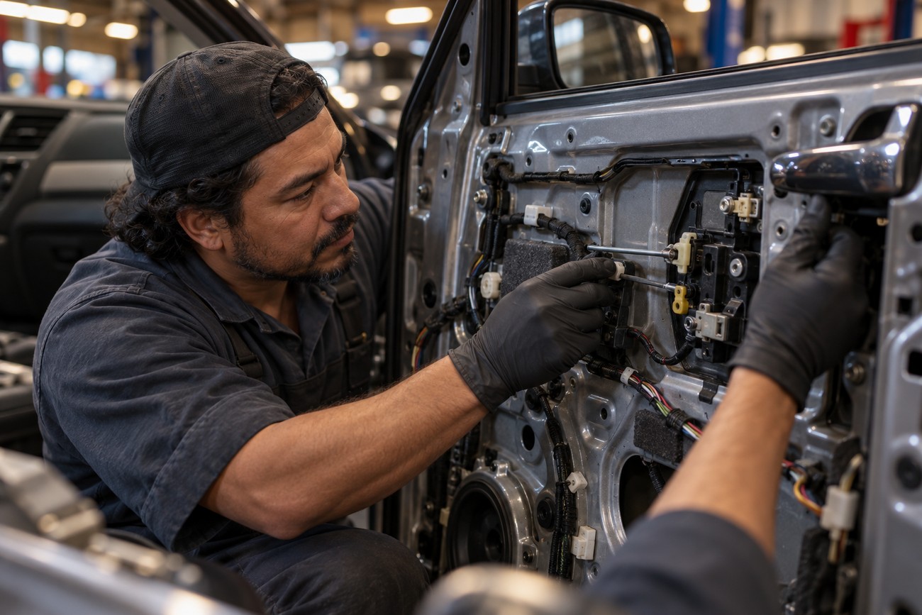 A mechanic wearing gloves carefully inspecting and repairing the internal latch mechanism of an open car door in a garage