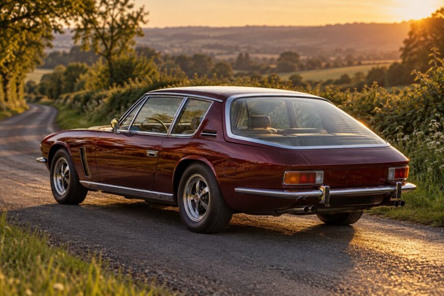 Classic dark red Jensen Interceptor parked on a winding British country road during sunset