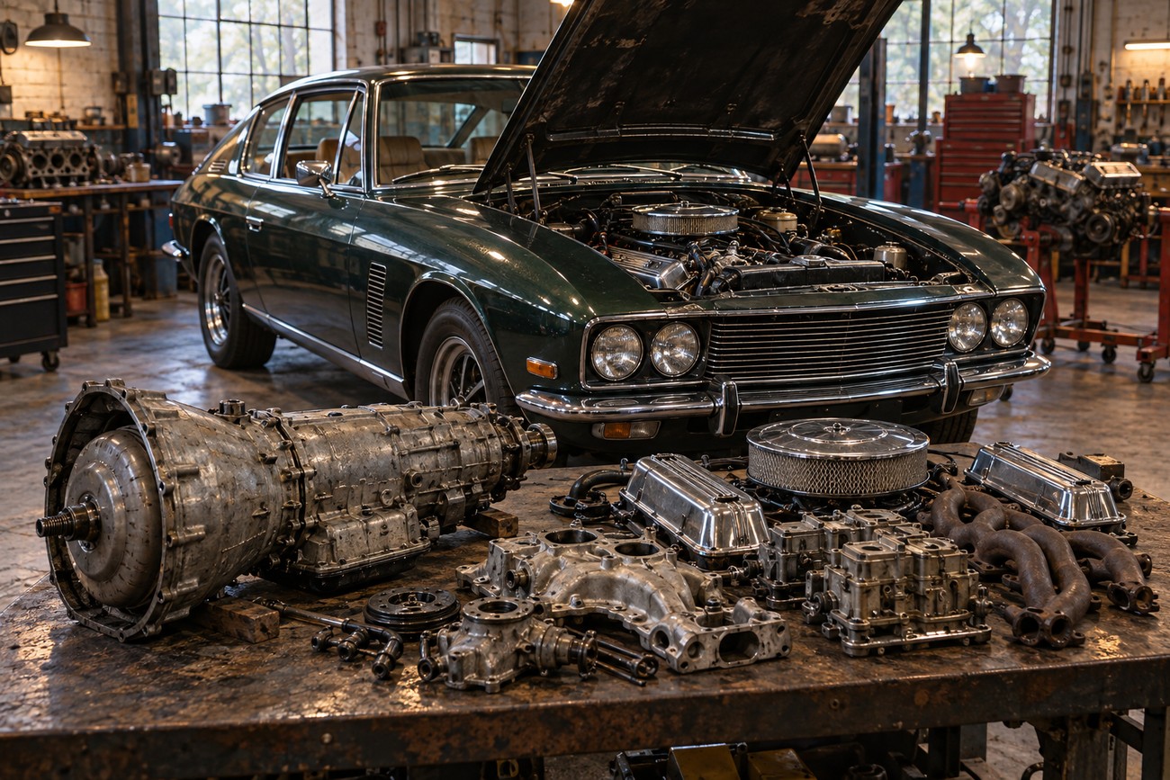 Classic dark green Jensen Interceptor parked in a vintage workshop with disassembled Chrysler engine parts on a workbench in the foreground