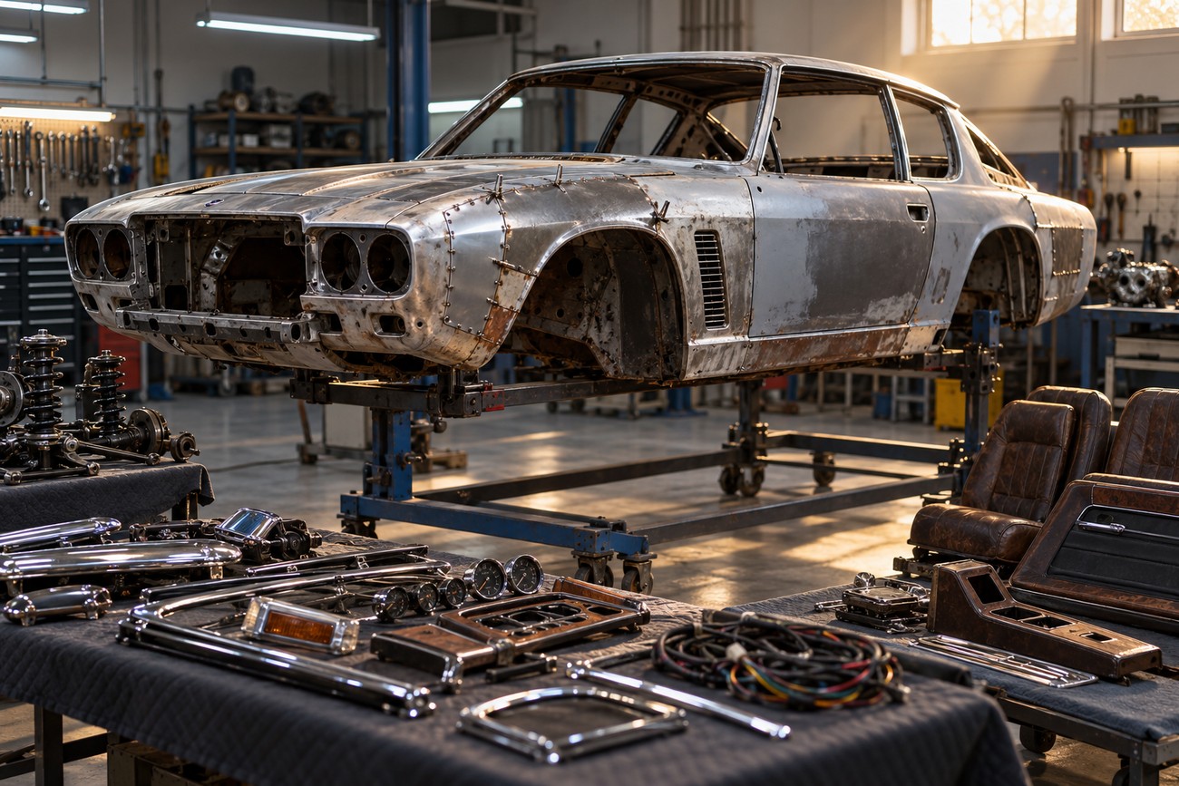 A bare metal Jensen Interceptor body shell on a rolling stand in a workshop with chrome trim and leather interior parts laid out on tables in the foreground