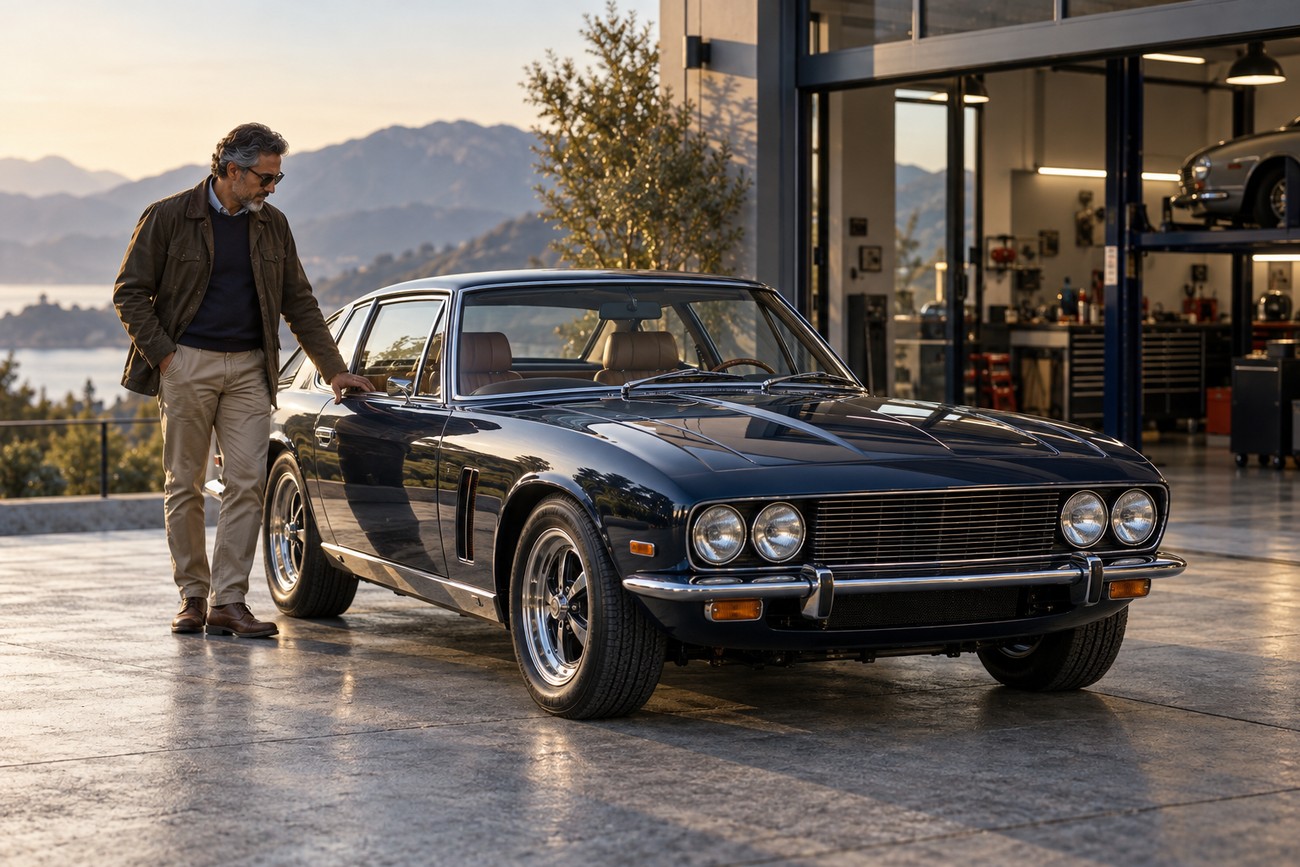 A stylish mature man standing next to a classic dark blue Jensen Interceptor grand tourer outside a scenic garage at sunset