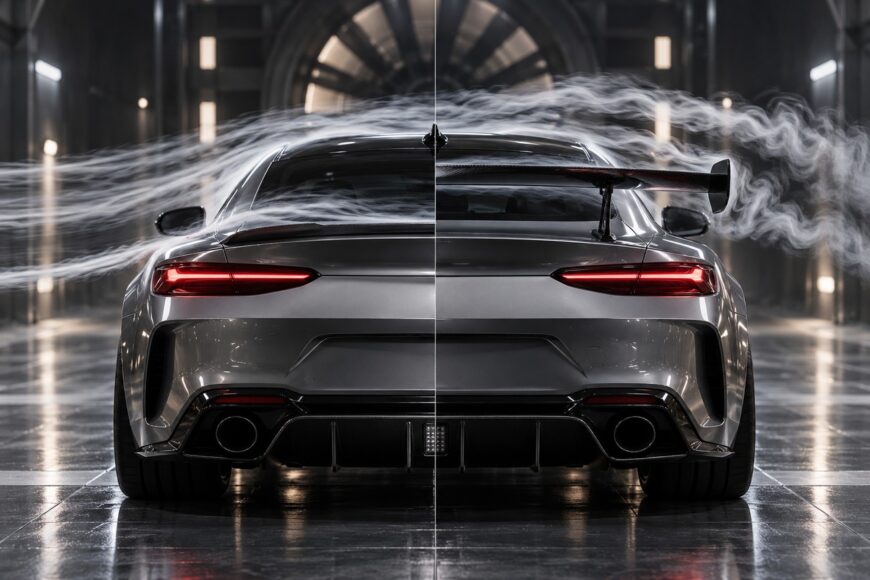 Rear view of a sports car in a wind tunnel split to compare airflow over a lip spoiler and a large rear wing
