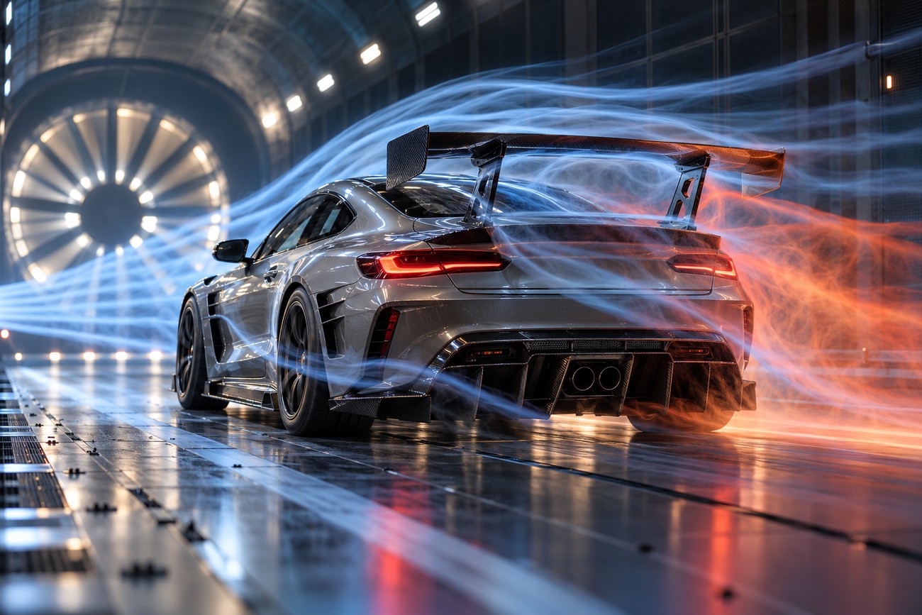 Silver sports car with a large carbon fiber rear wing undergoing aerodynamic testing in a wind tunnel with glowing airflow lines