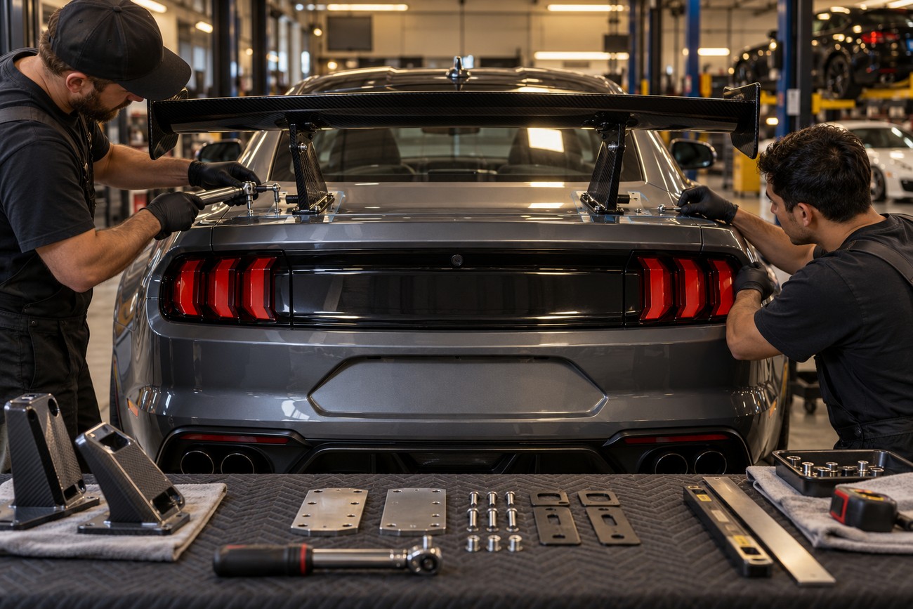 Two mechanics in black uniforms installing a carbon fiber rear wing on the trunk of a gray sports car in a workshop
