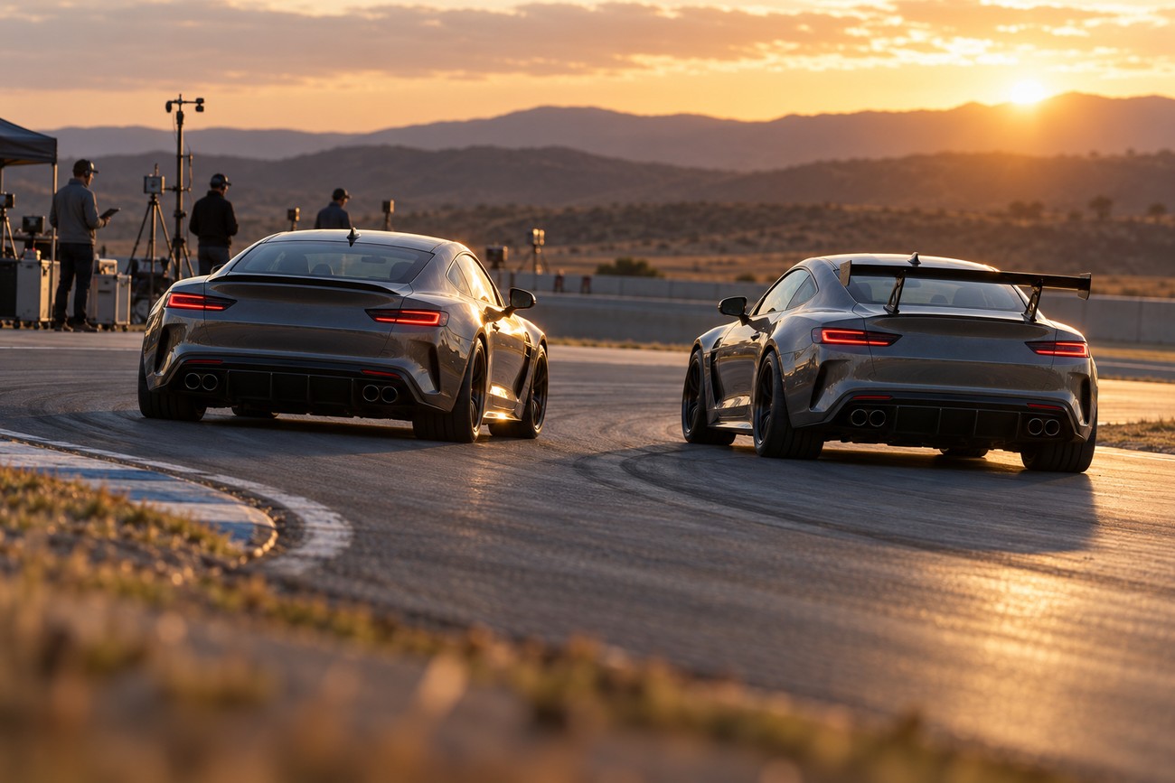 Two sports cars driving on a racetrack at sunset, highlighting the difference between a built-in rear spoiler and a large rear wing