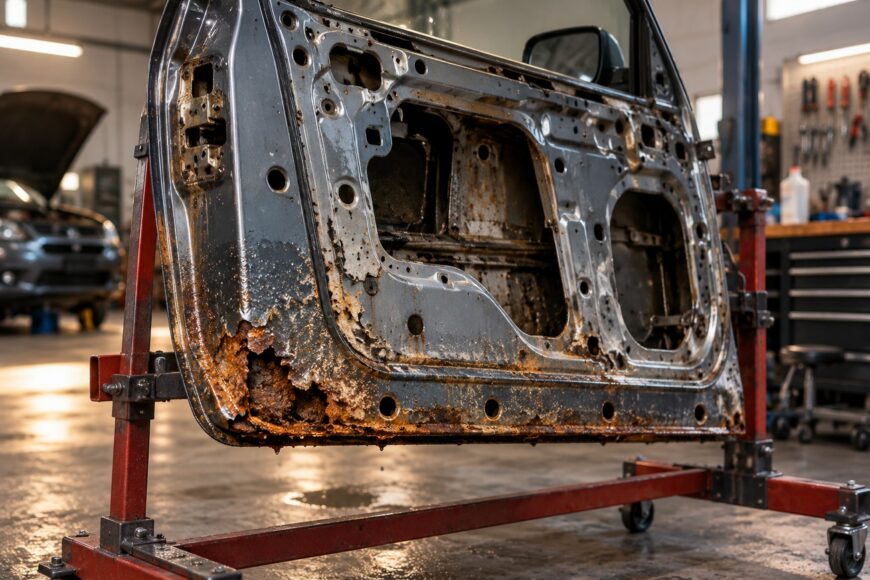 A disassembled car door mounted on a red metal stand in a workshop with severe rust damage along the bottom edge and drain holes