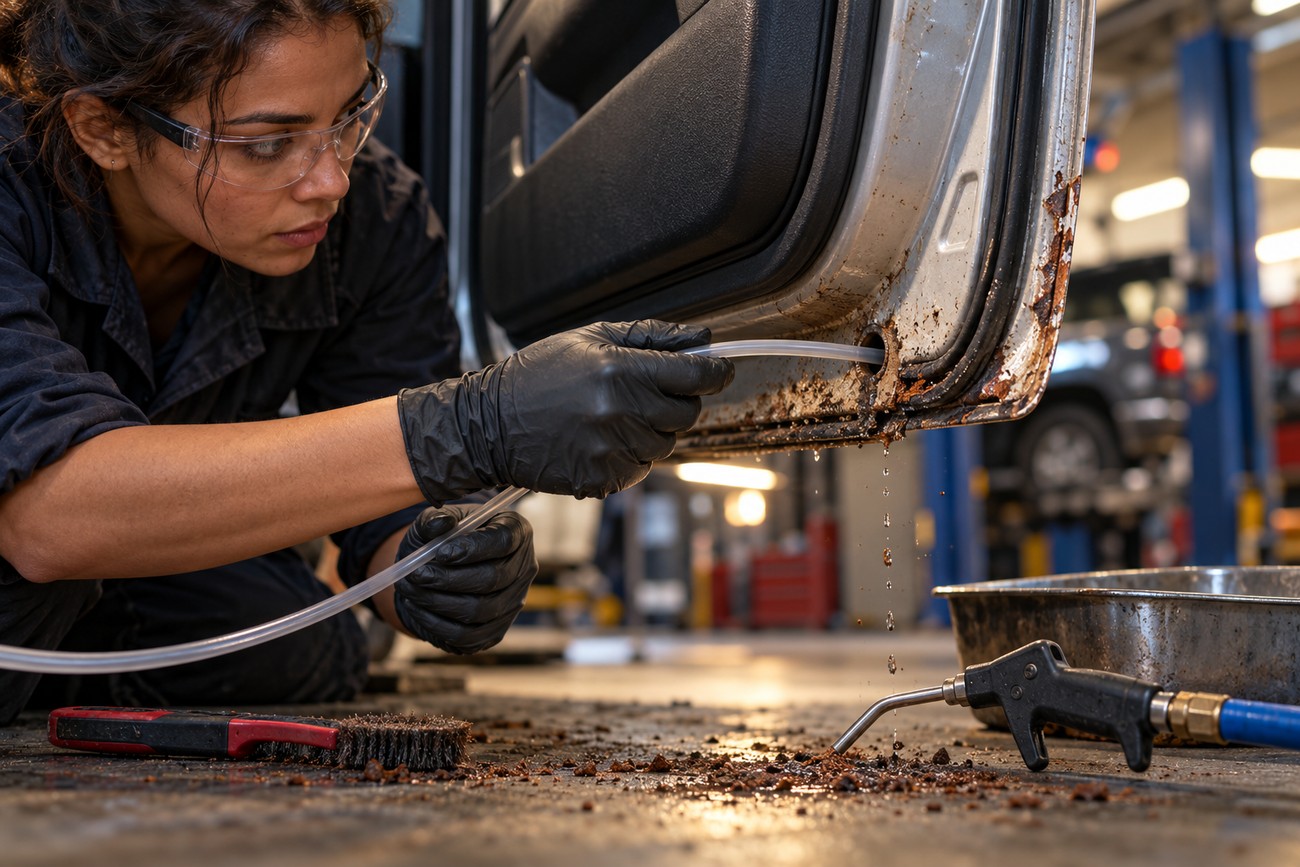 Female mechanic wearing safety glasses and black gloves clears a drain hole on a rusty car door bottom