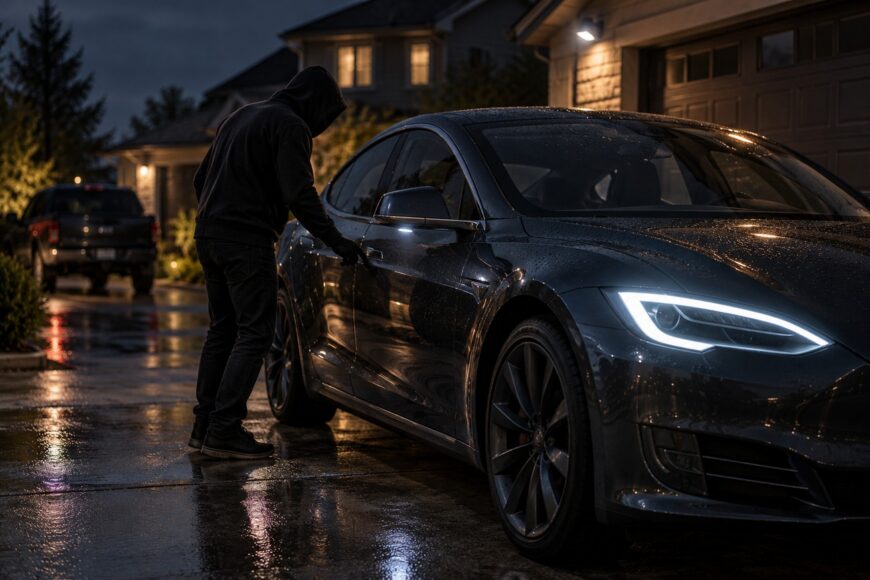 A hooded person in dark clothing attempting to open the door of a dark Tesla Model S at night on a wet driveway