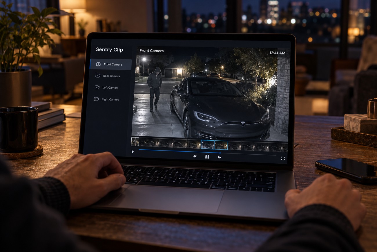 A person reviewing Tesla Sentry Mode video footage of a suspicious person near a parked Model S on a laptop
