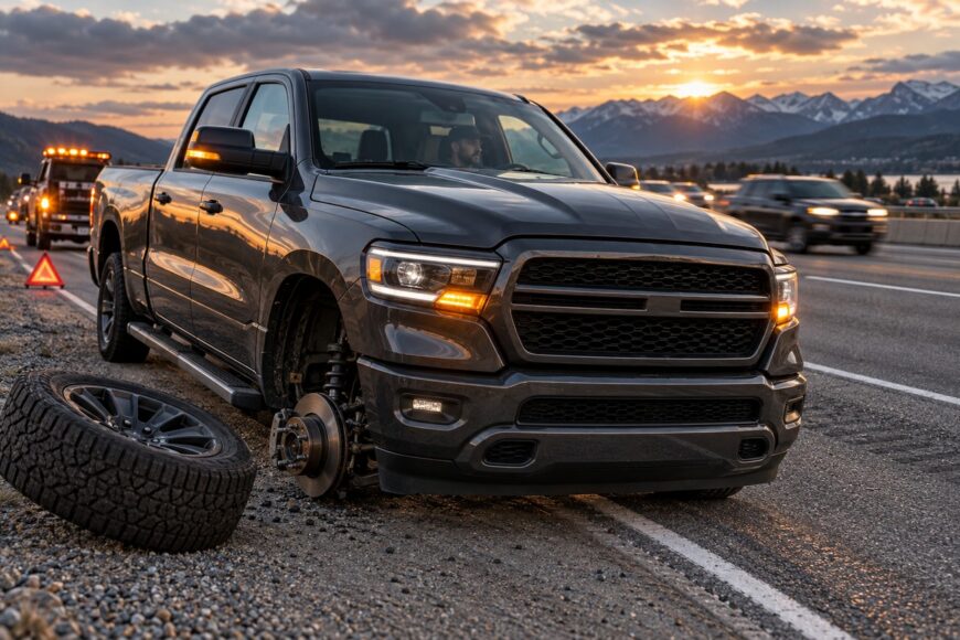 A dark gray Dodge Ram pickup truck stalled on the highway shoulder with a detached front wheel lying nearby on the gravel
