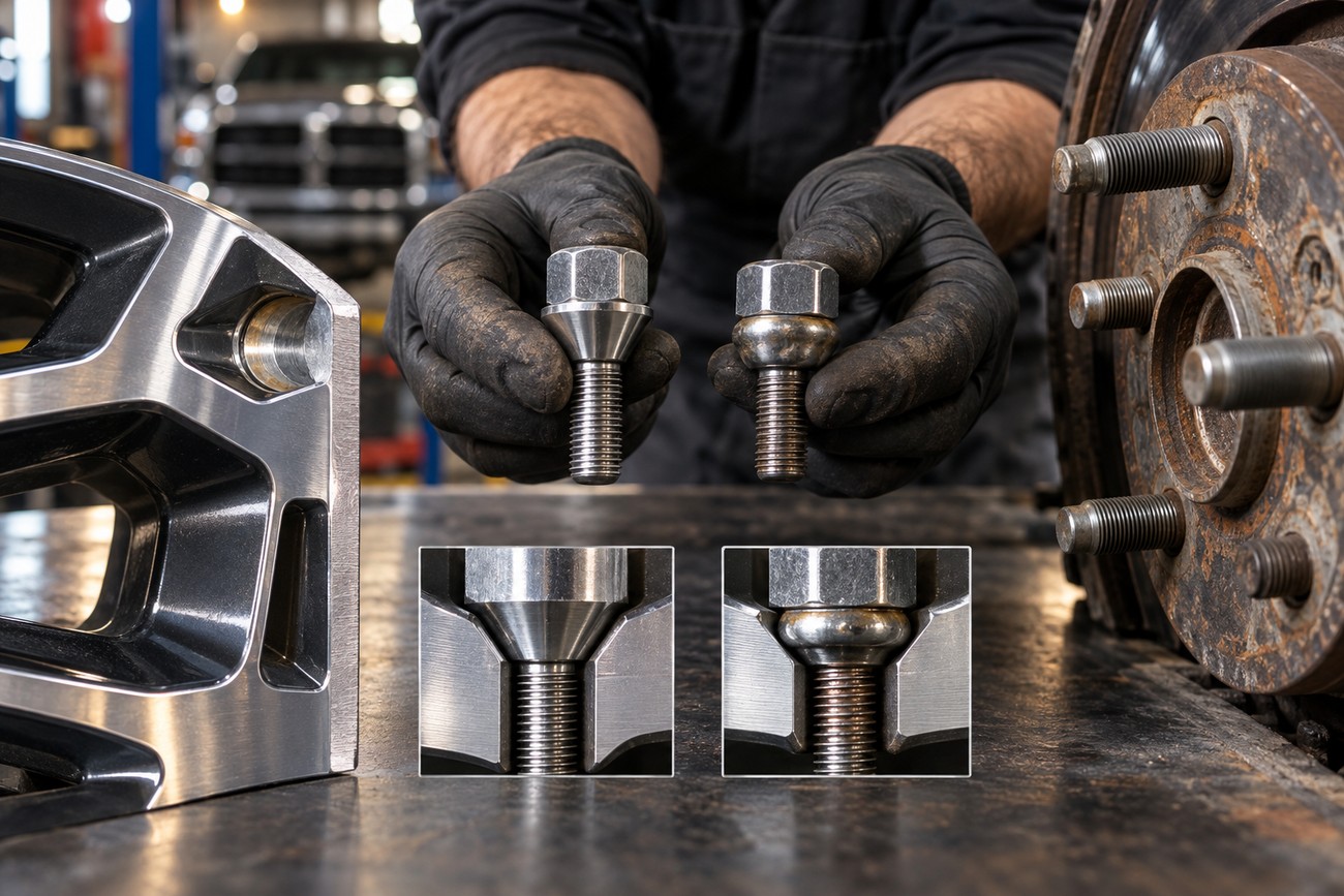 Mechanic in gloves holding two different wheel lug bolts above comparative diagrams next to a Dodge Ram wheel rim and hub