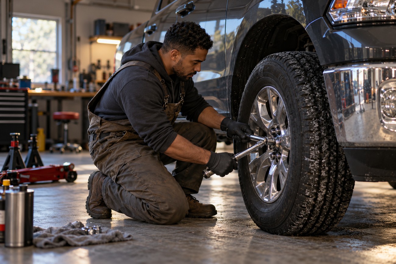 A mechanic kneeling on a garage floor uses a torque wrench to tighten lug nuts on a Dodge Ram truck wheel