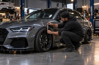 A mechanic in a black hoodie crouching down to measure the fender clearance on a modified gray sports sedan with custom wheels