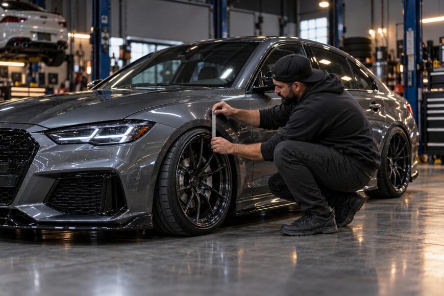 A mechanic in a black hoodie crouching down to measure the fender clearance on a modified gray sports sedan with custom wheels