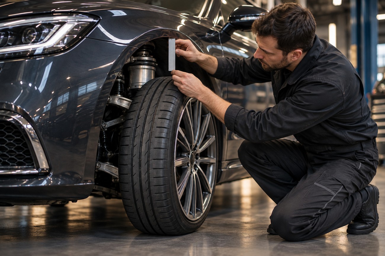 A mechanic in black overalls crouches beside a modern car, using a ruler to measure the gap between the tire and the fender for air-lift suspension tuning