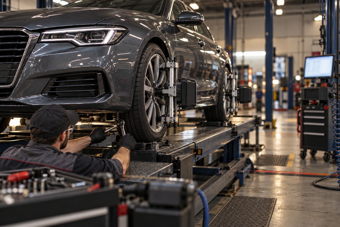 Mechanic in gloves adjusting air-lift suspension and wheel alignment on a grey car raised on a lift in a workshop