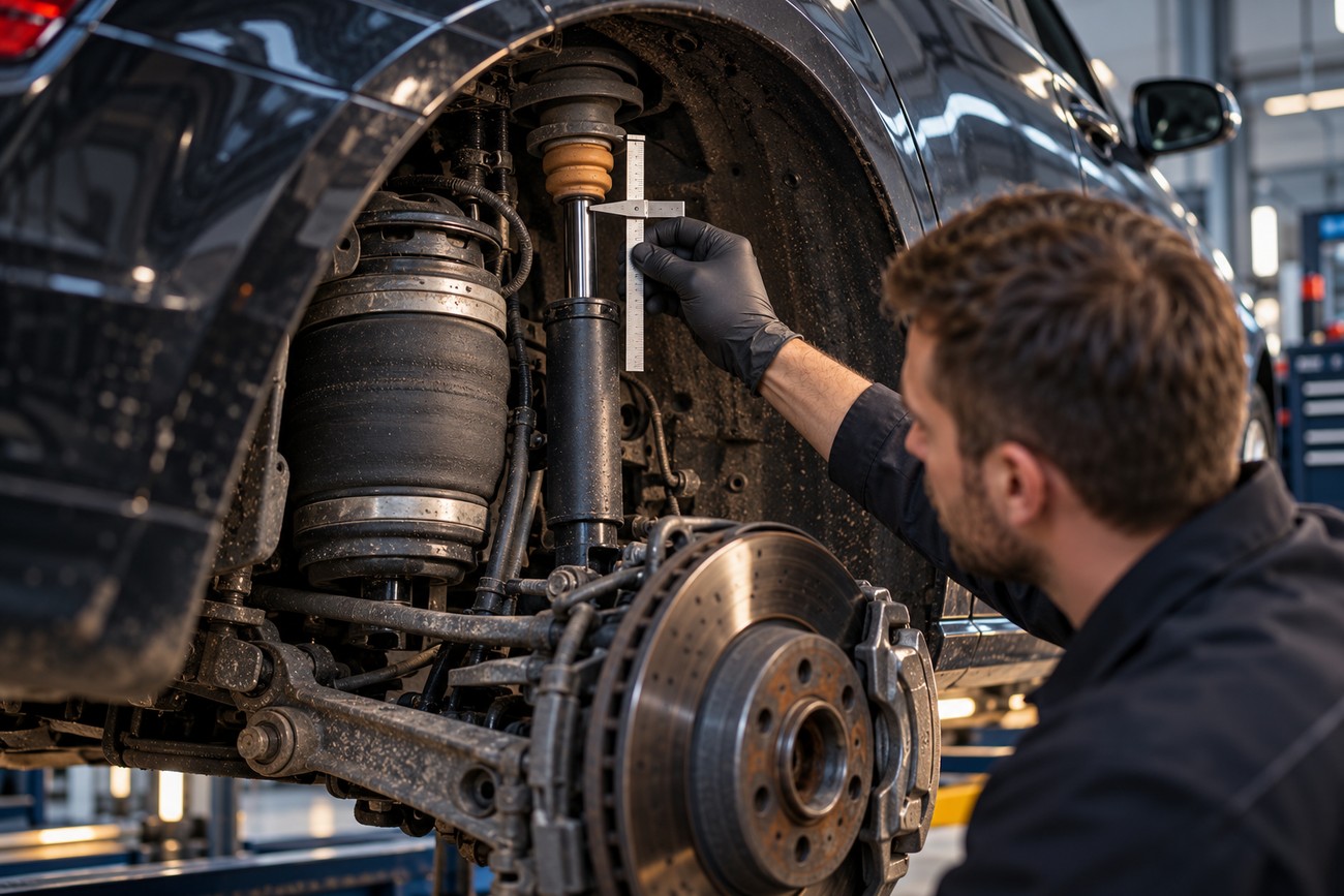Mechanic wearing black gloves measuring air suspension strut on a car in a workshop