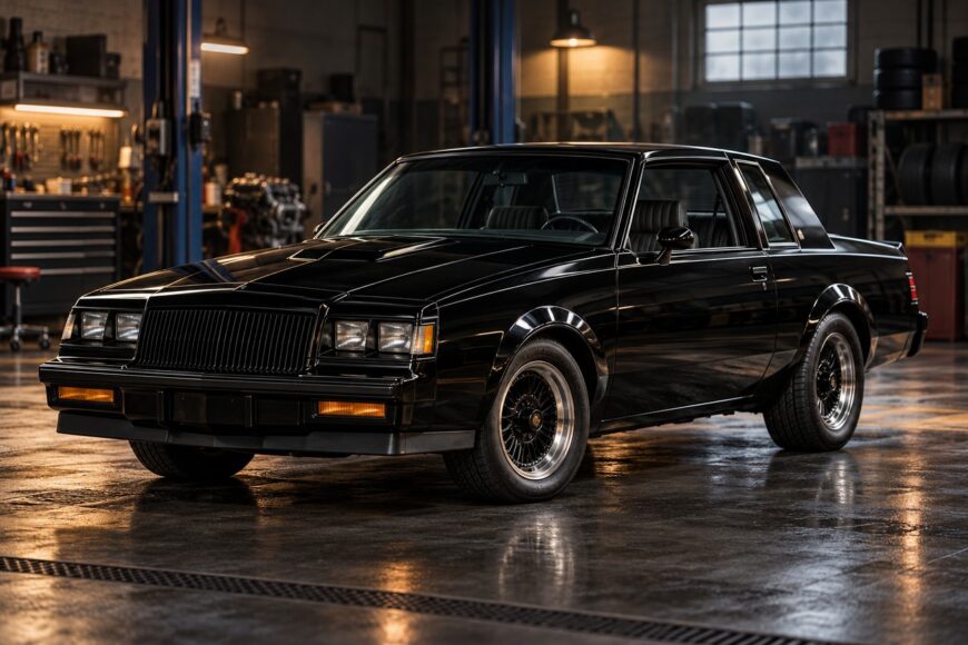 A classic black Buick GNX parked on a wet concrete floor inside a professional automotive repair garage
