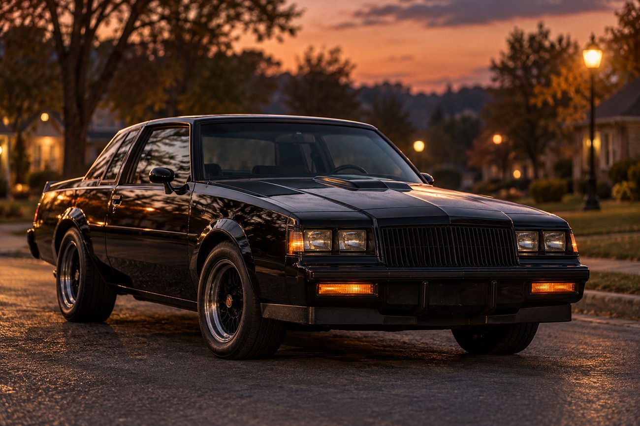 Black Buick GNX classic muscle car parked on a suburban street during sunset with warm lighting
