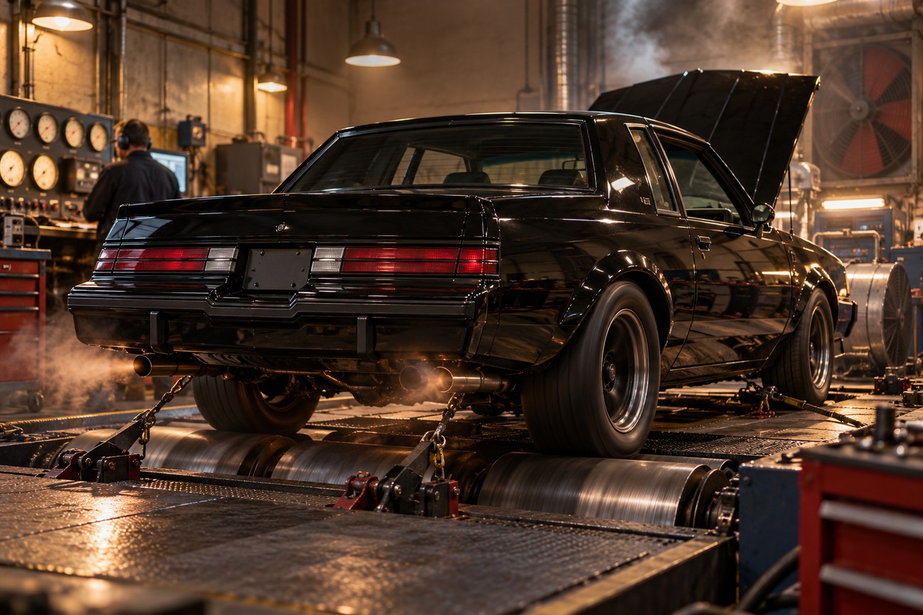Rear view of a black Buick GNX securing on a dynamometer rollers in a garage