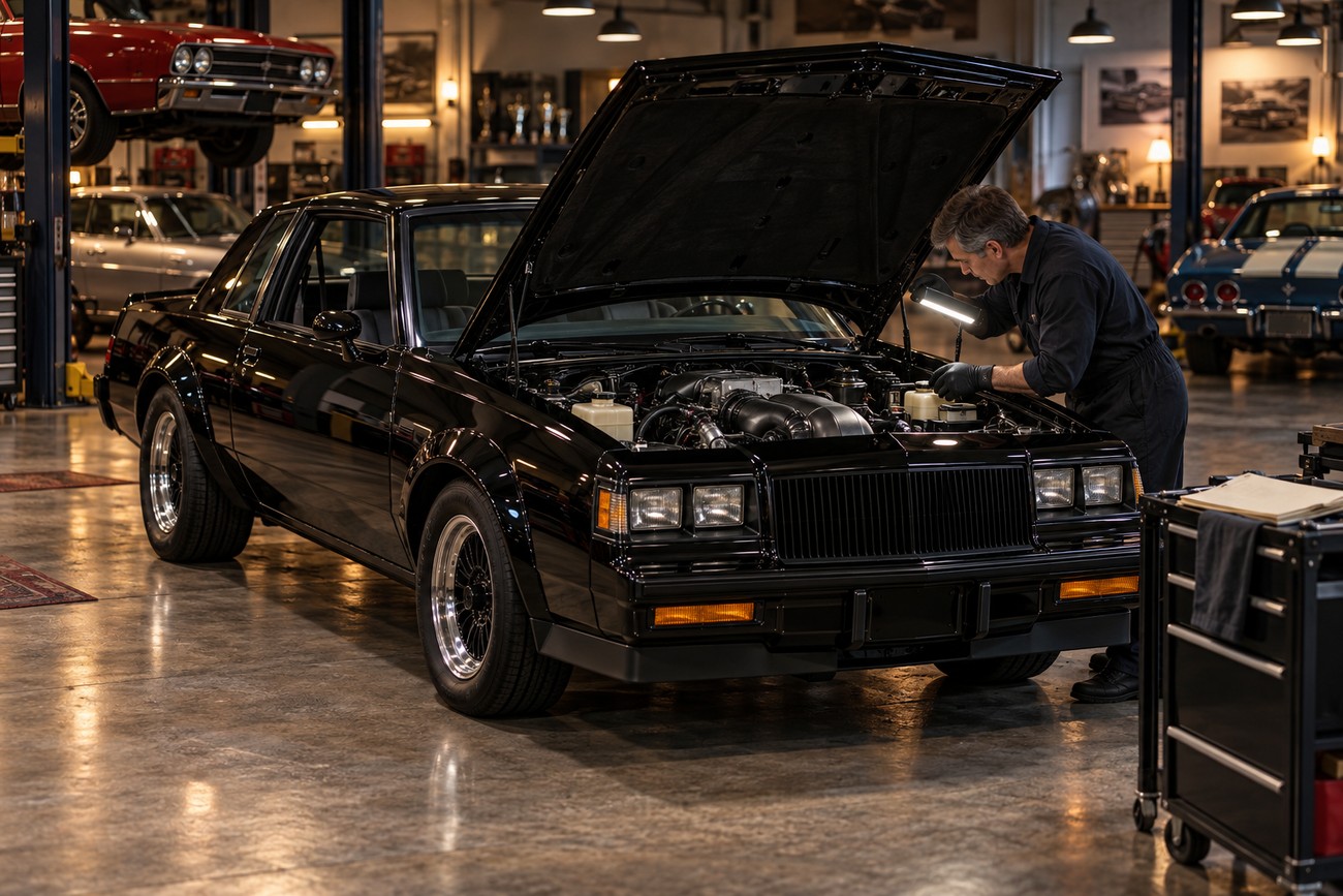 A mechanic inspecting the engine bay of a black Buick GNX with its hood open inside a professional garage