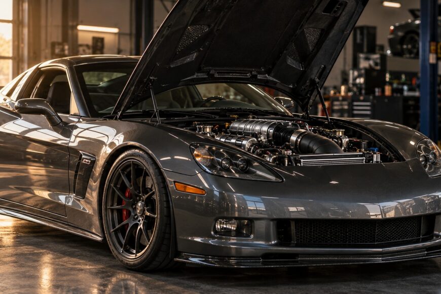 A sleek dark gray Callaway C16 sports car parked in a garage with its hood open displaying a supercharged engine