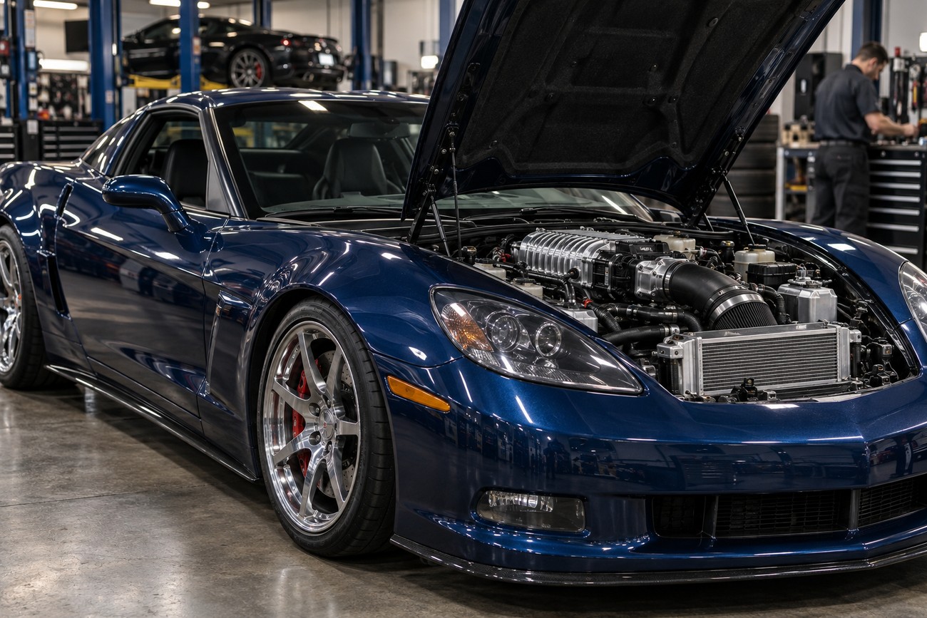 Dark blue Callaway C16 sports car with open hood displaying its supercharged engine inside a modern automotive workshop