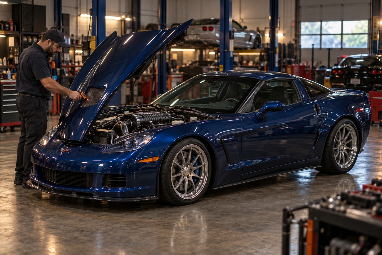 A mechanic inspecting the supercharged engine of a blue Callaway C16 sports car in a service garage