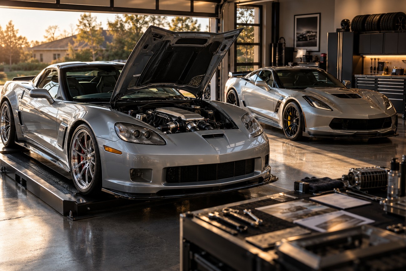 Silver Callaway C16 supercharged sports car with an open hood parked on a lift inside a modern garage